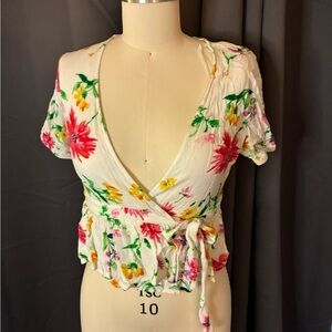 Floral Wrap Top - White with Multicolor Flowers